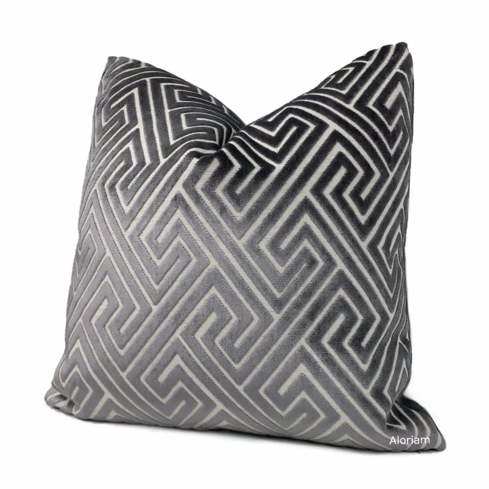 Delphi Dark Gray Greek Key Cut Velvet Pillow Cover