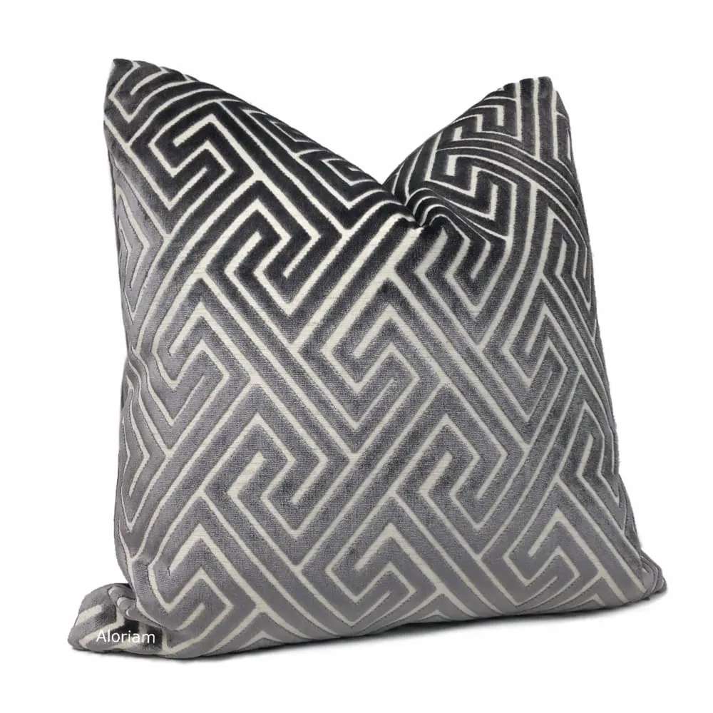 Delphi Dark Gray Greek Key Cut Velvet Pillow Cover