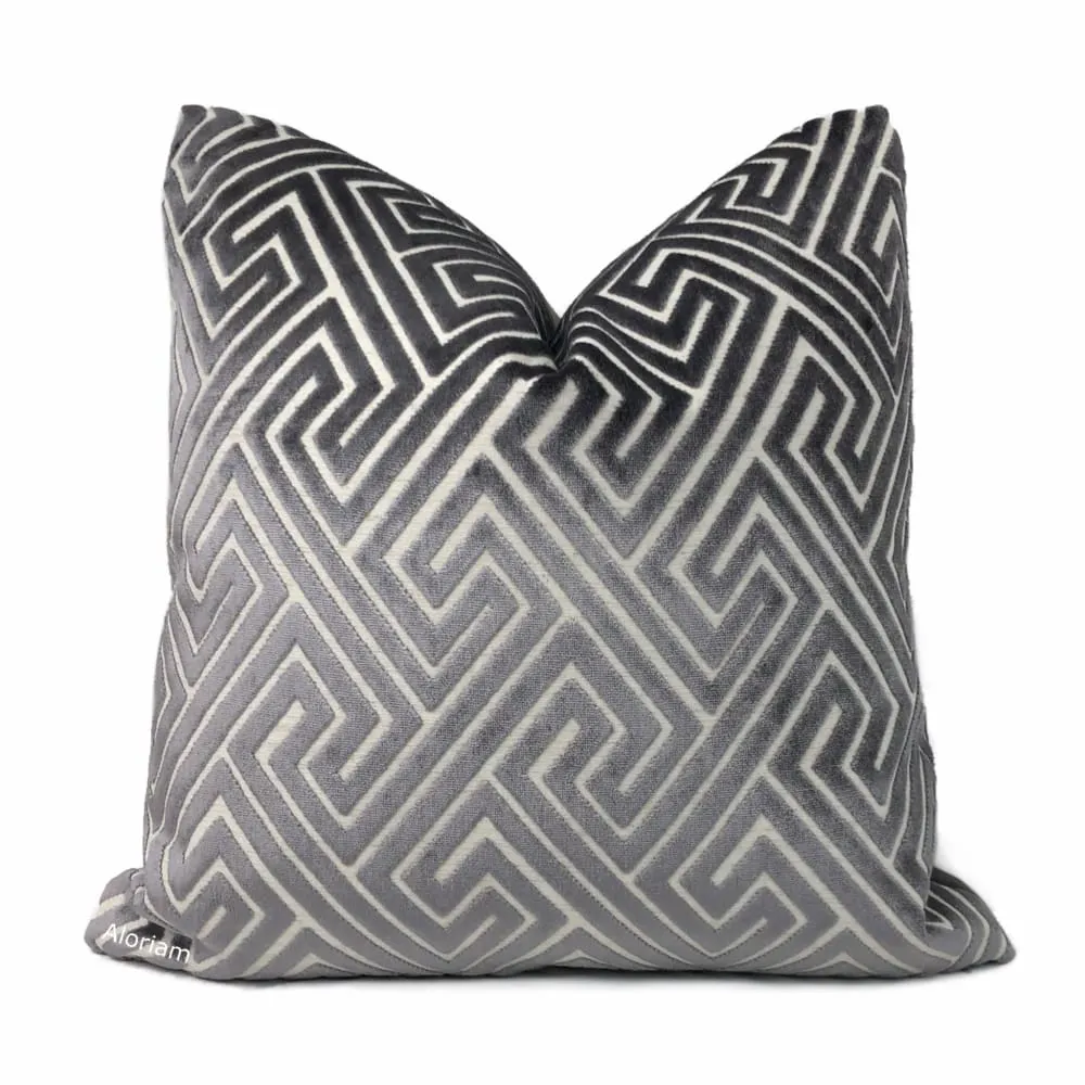 Delphi Dark Gray Greek Key Cut Velvet Pillow Cover