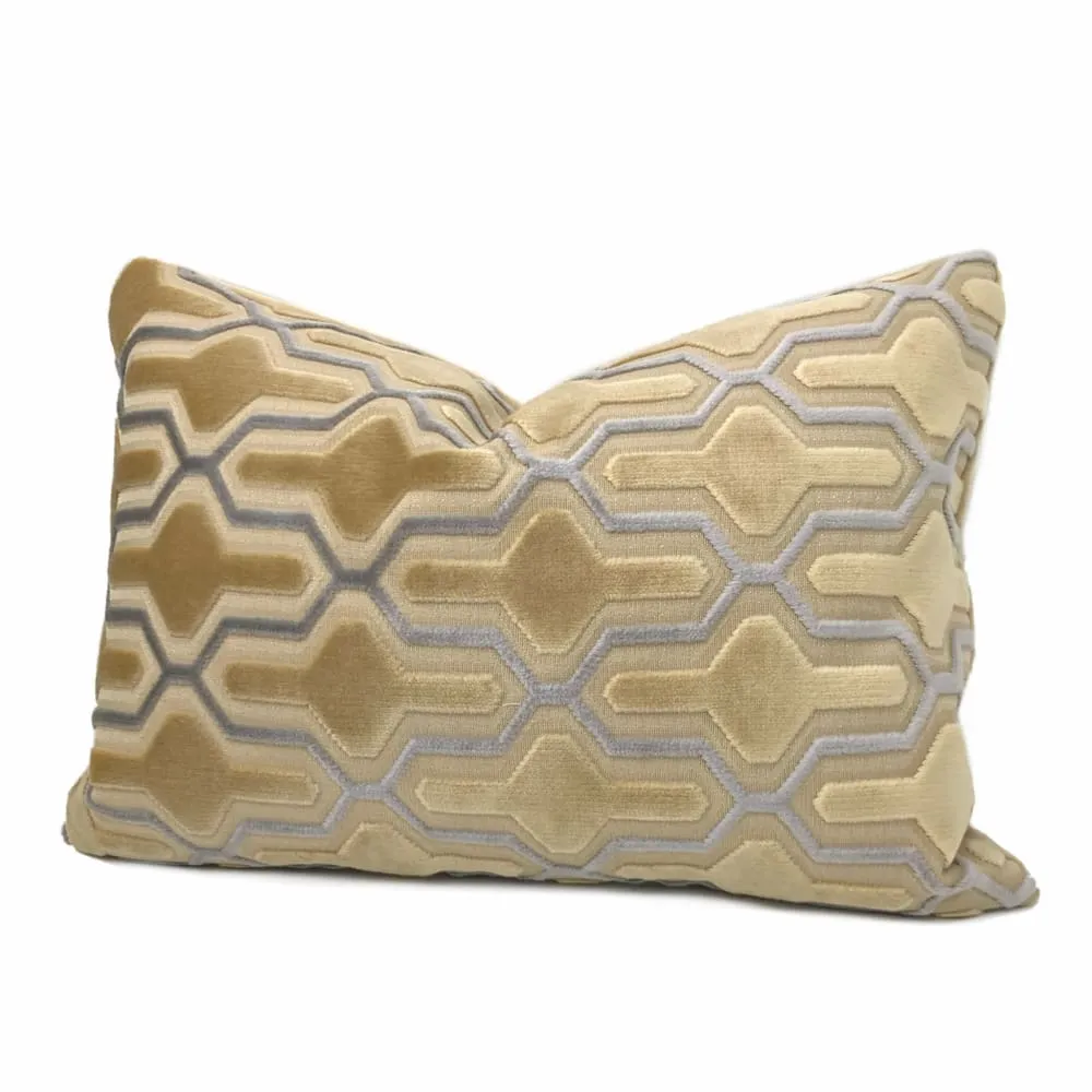 Designer Cut Velvet Beige Blue Geometric Trellis Lattice Pillow Cover