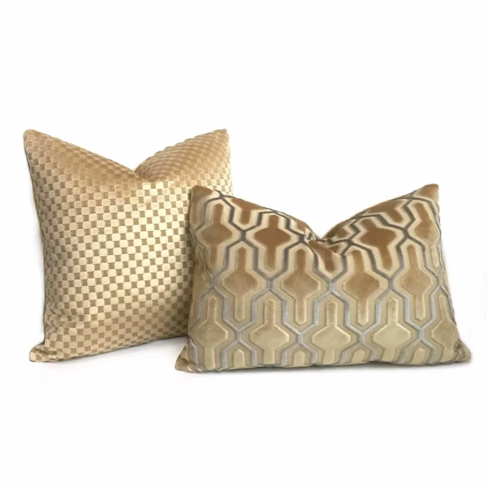 Designer Cut Velvet Beige Blue Geometric Trellis Lattice Pillow Cover