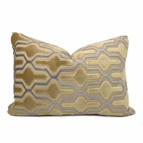 Designer Cut Velvet Beige Blue Geometric Trellis Lattice Pillow Cover