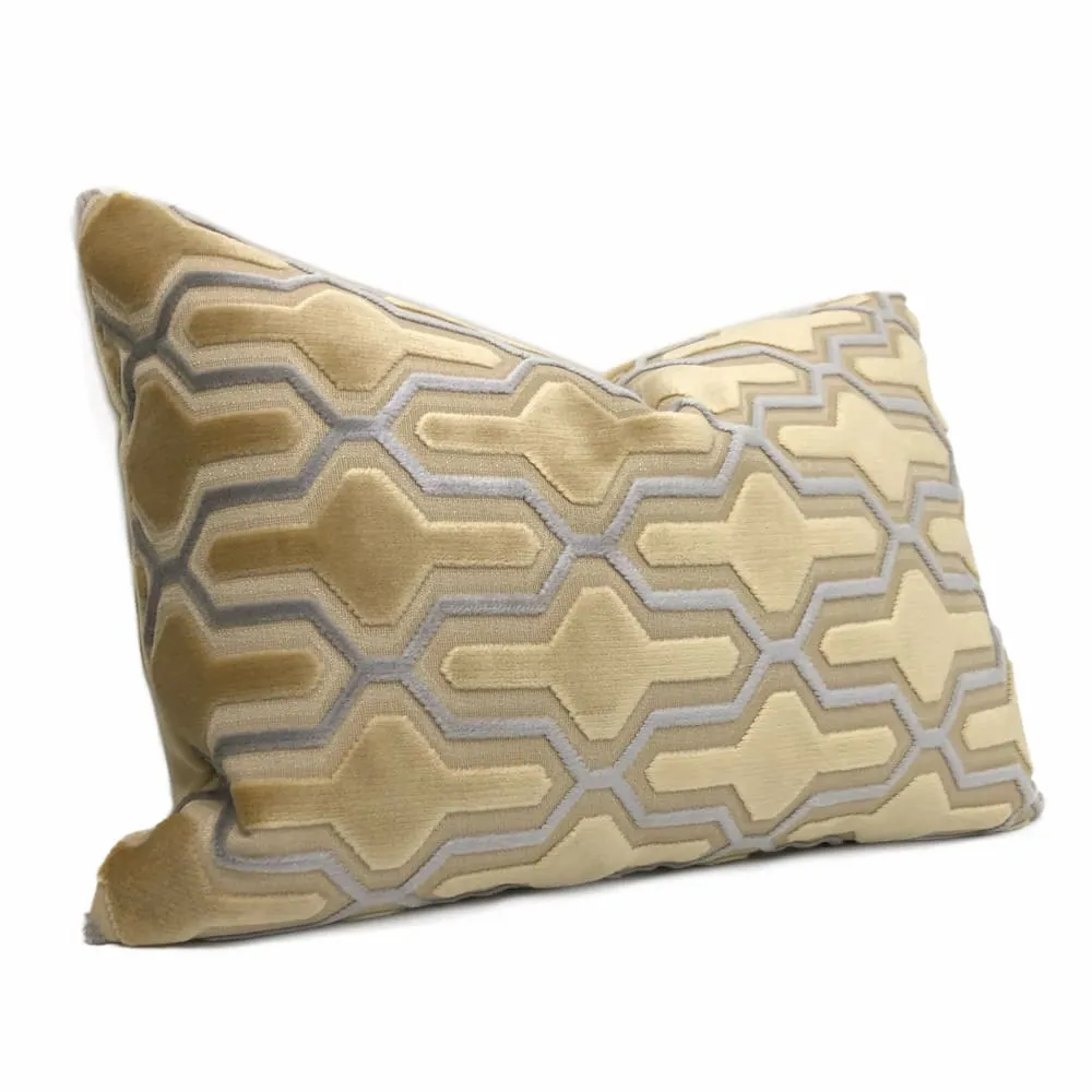 Designer Cut Velvet Beige Blue Geometric Trellis Lattice Pillow Cover