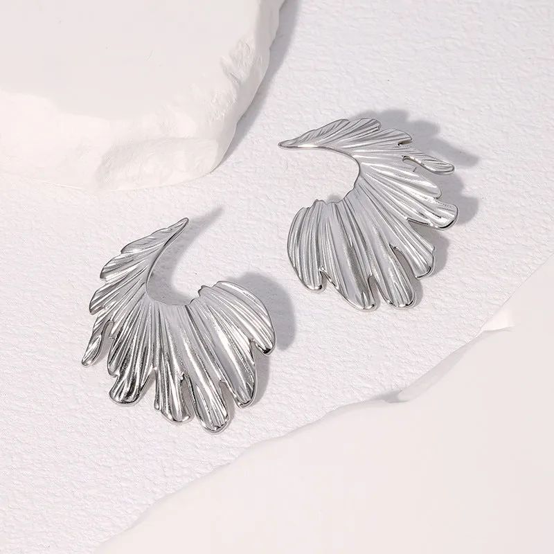 Fan-Shape Leaf Stainless Steel Electroplating Stud Earrings