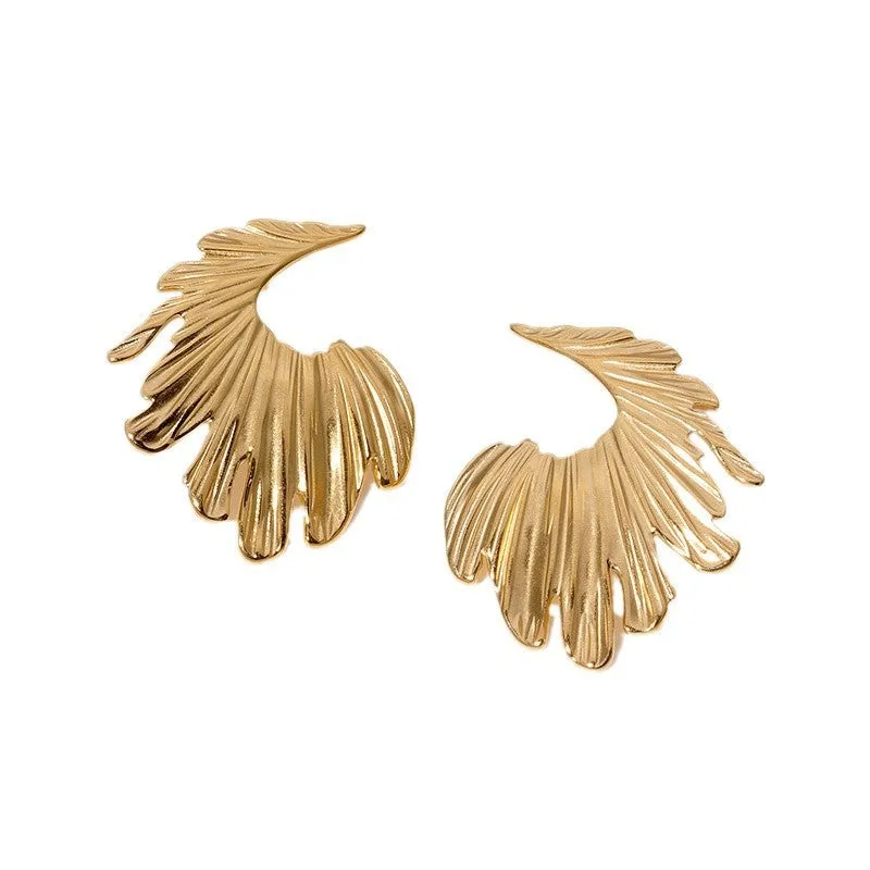 Fan-Shape Leaf Stainless Steel Electroplating Stud Earrings