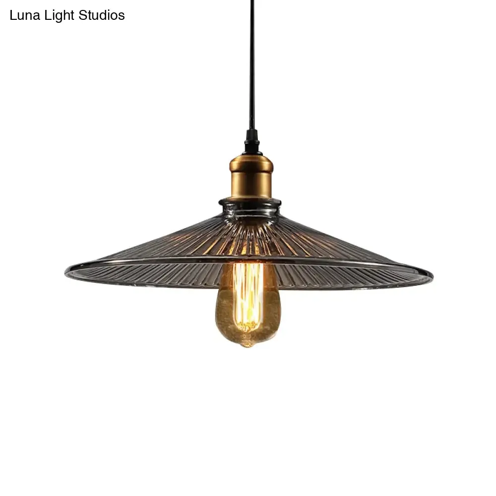 Farmhouse Brass Cone Pendant Ceiling Light with Ribbed Glass - Living Room Hanging Lamp (1 Light)