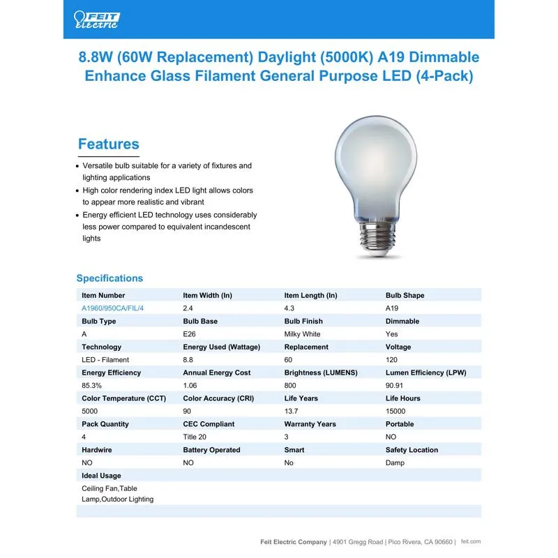 Feit Enhance A19 E26 (Medium) LED Bulb Daylight 60 Watt Equivalence 4 pk