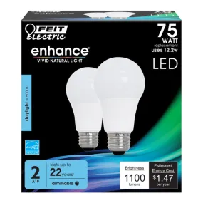 Feit Enhance A19 E26 (Medium) LED Bulb Daylight 75 Watt Equivalence 2 pk