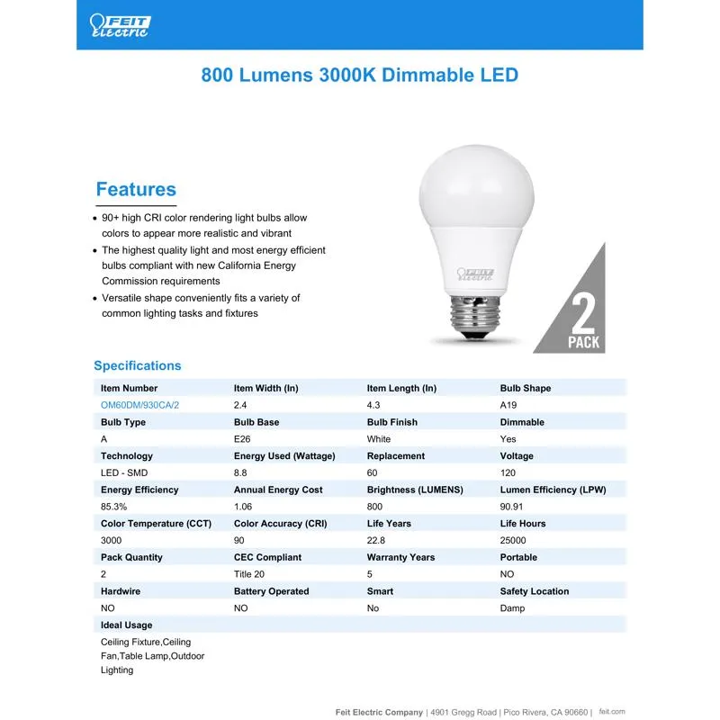 Feit Enhance A19 E26 (Medium) LED Bulb Warm White 60 Watt Equivalence 2 pk