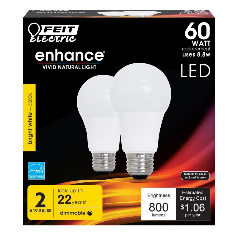 Feit Enhance A19 E26 (Medium) LED Bulb Warm White 60 Watt Equivalence 2 pk