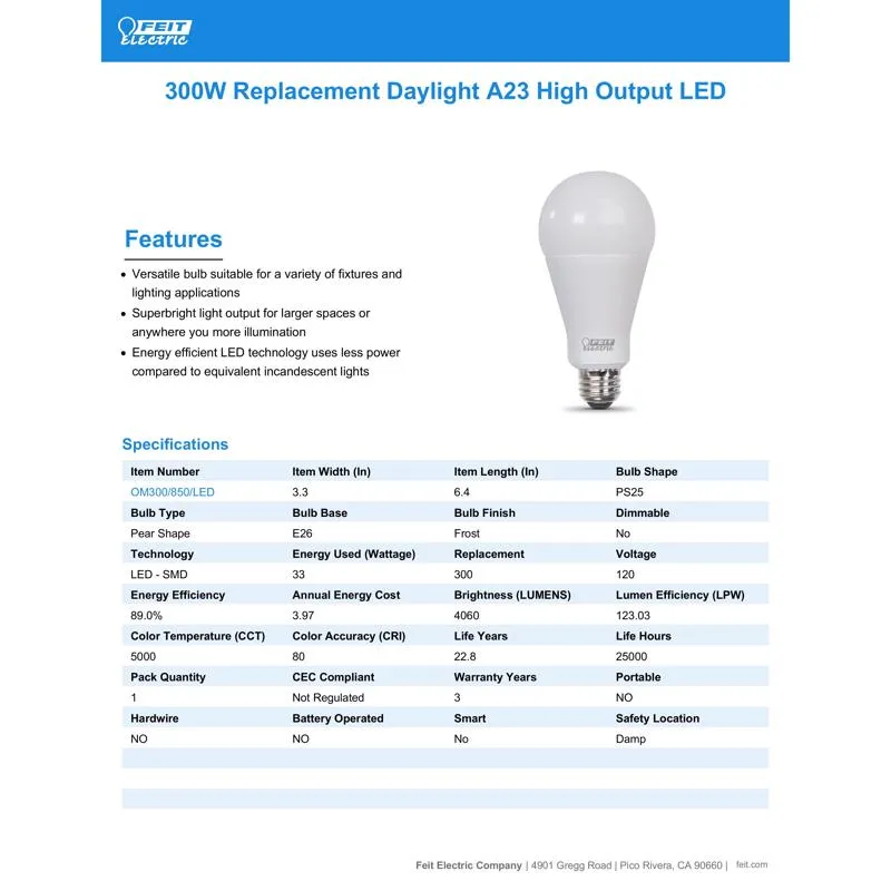 Feit LED A21 E26 (Medium) LED Bulb Daylight 300 Watt Equivalence 1 pk