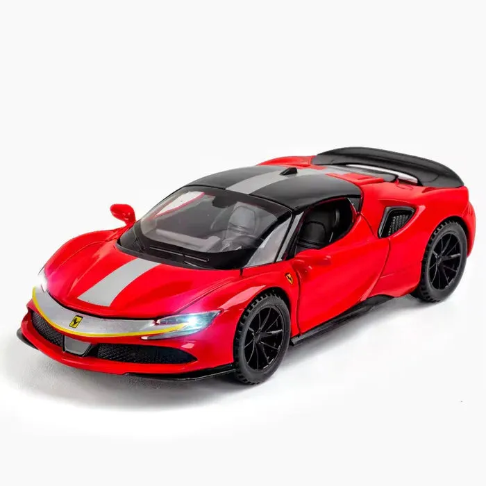 FERRARI SF90 1:32 DIECAST METAL PULLBACK TOY CAR WITH OPENABLE DOORS & LIGHT, MUSIC BOYS CAR FOR KIDS BEST TOYS GIFTS TOYS FOR KIDS [ COLOR AS PER STOCK ]