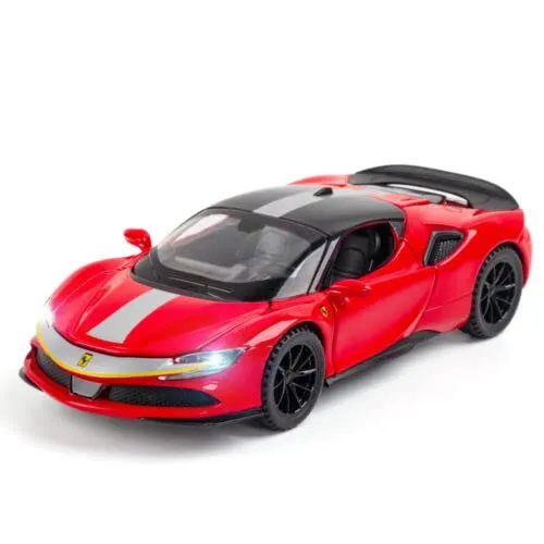 FERRARI SF90 1:32 DIECAST METAL PULLBACK TOY CAR WITH OPENABLE DOORS & LIGHT, MUSIC BOYS CAR FOR KIDS BEST TOYS GIFTS TOYS FOR KIDS [ COLOR AS PER STOCK ]