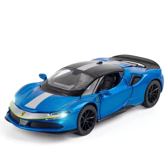 FERRARI SF90 1:32 DIECAST METAL PULLBACK TOY CAR WITH OPENABLE DOORS & LIGHT, MUSIC BOYS CAR FOR KIDS BEST TOYS GIFTS TOYS FOR KIDS [ COLOR AS PER STOCK ]