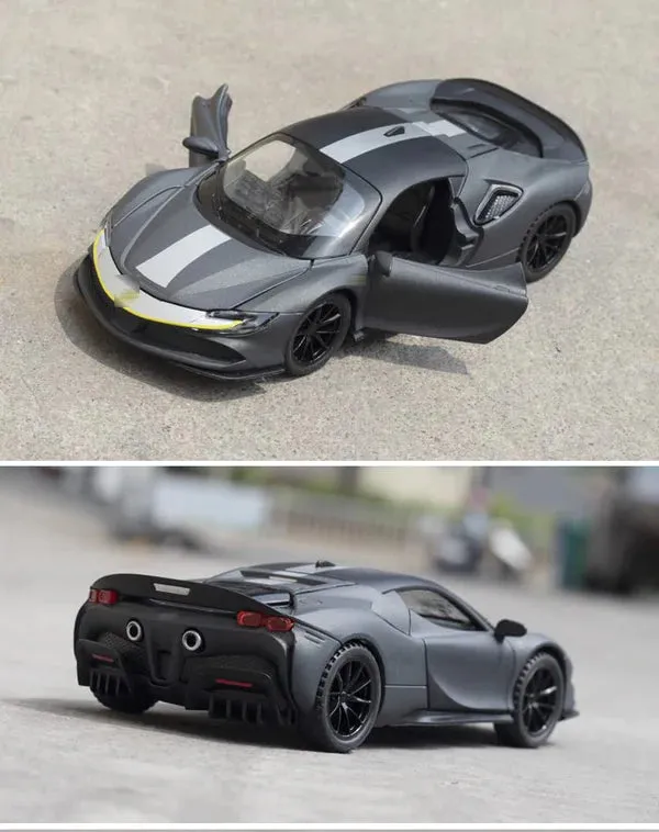 FERRARI SF90 1:32 DIECAST METAL PULLBACK TOY CAR WITH OPENABLE DOORS & LIGHT, MUSIC BOYS CAR FOR KIDS BEST TOYS GIFTS TOYS FOR KIDS [ COLOR AS PER STOCK ]