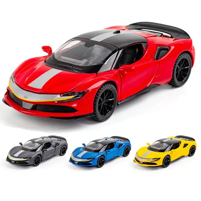 FERRARI SF90 1:32 DIECAST METAL PULLBACK TOY CAR WITH OPENABLE DOORS & LIGHT, MUSIC BOYS CAR FOR KIDS BEST TOYS GIFTS TOYS FOR KIDS [ COLOR AS PER STOCK ]