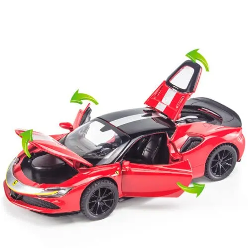 FERRARI SF90 1:32 DIECAST METAL PULLBACK TOY CAR WITH OPENABLE DOORS & LIGHT, MUSIC BOYS CAR FOR KIDS BEST TOYS GIFTS TOYS FOR KIDS [ COLOR AS PER STOCK ]