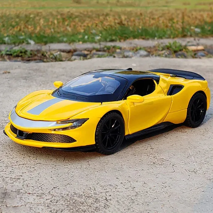 FERRARI SF90 1:32 DIECAST METAL PULLBACK TOY CAR WITH OPENABLE DOORS & LIGHT, MUSIC BOYS CAR FOR KIDS BEST TOYS GIFTS TOYS FOR KIDS [ COLOR AS PER STOCK ]