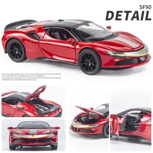 FERRARI SF90 1:32 DIECAST METAL PULLBACK TOY CAR WITH OPENABLE DOORS & LIGHT, MUSIC BOYS CAR FOR KIDS BEST TOYS GIFTS TOYS FOR KIDS [ COLOR AS PER STOCK ]