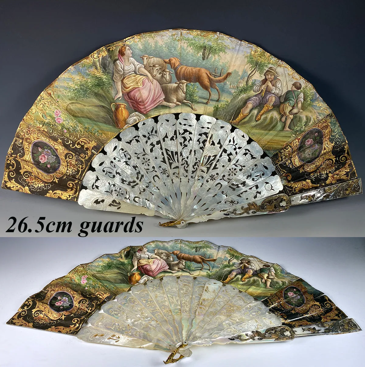 Fine Antique French Hand Painted Hand Fan, 26cm Carved Mother of Pearl Guards, Sticks, c.1840-50