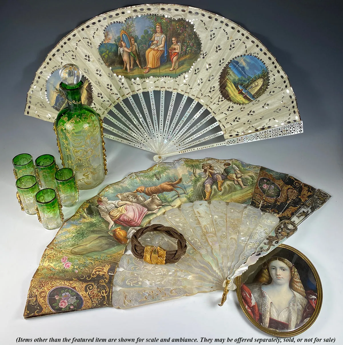 Fine Antique French Hand Painted Hand Fan, 26cm Carved Mother of Pearl Guards, Sticks, c.1840-50