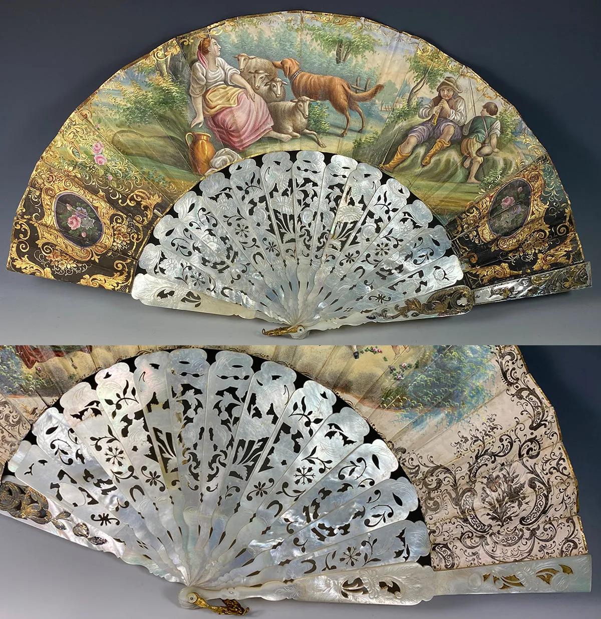 Fine Antique French Hand Painted Hand Fan, 26cm Carved Mother of Pearl Guards, Sticks, c.1840-50