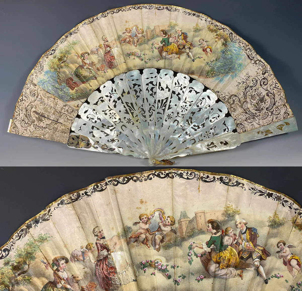 Fine Antique French Hand Painted Hand Fan, 26cm Carved Mother of Pearl Guards, Sticks, c.1840-50