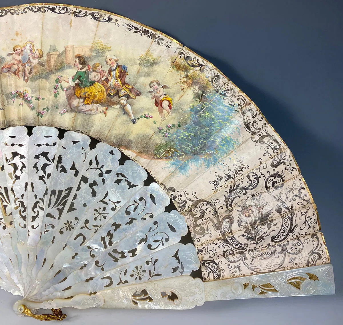 Fine Antique French Hand Painted Hand Fan, 26cm Carved Mother of Pearl Guards, Sticks, c.1840-50