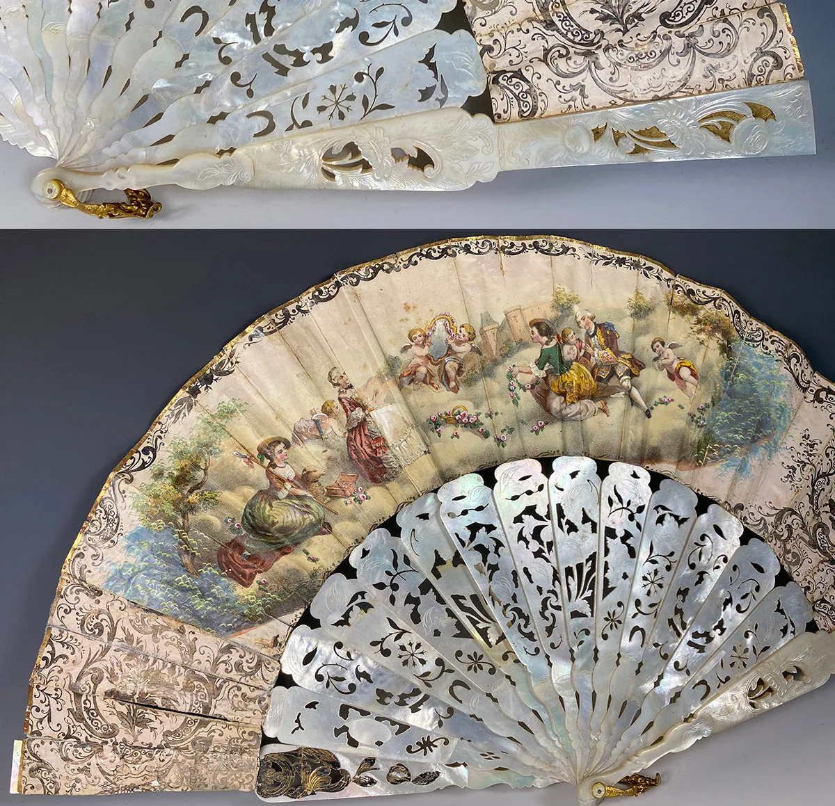 Fine Antique French Hand Painted Hand Fan, 26cm Carved Mother of Pearl Guards, Sticks, c.1840-50