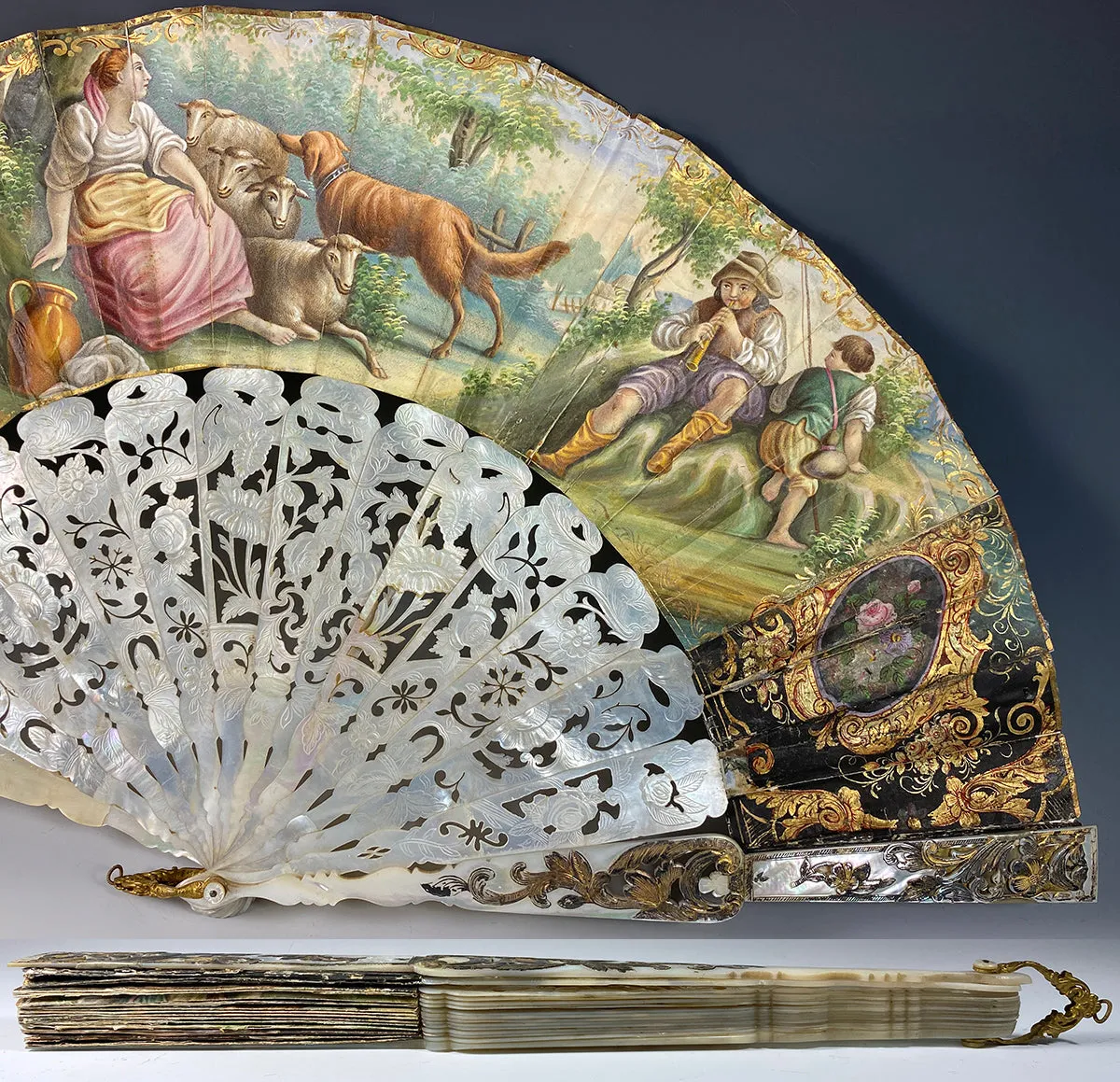 Fine Antique French Hand Painted Hand Fan, 26cm Carved Mother of Pearl Guards, Sticks, c.1840-50