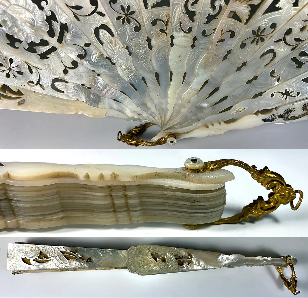 Fine Antique French Hand Painted Hand Fan, 26cm Carved Mother of Pearl Guards, Sticks, c.1840-50