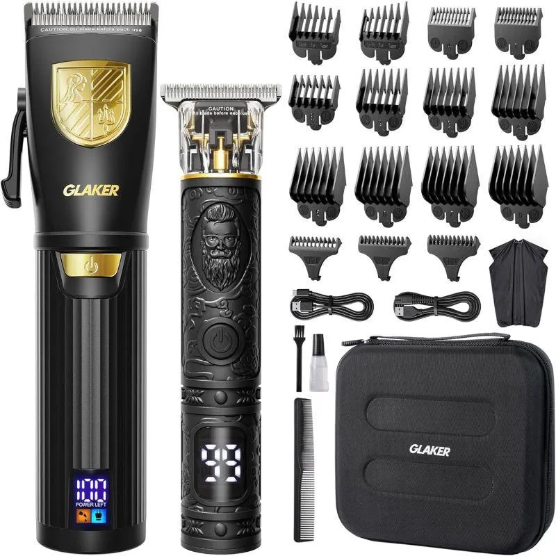 Glaker Professional Cordless Hair Clippers and Trimmer Kit for Barber with LCD Display, 15 Guide Combs - Black - 6026 1019