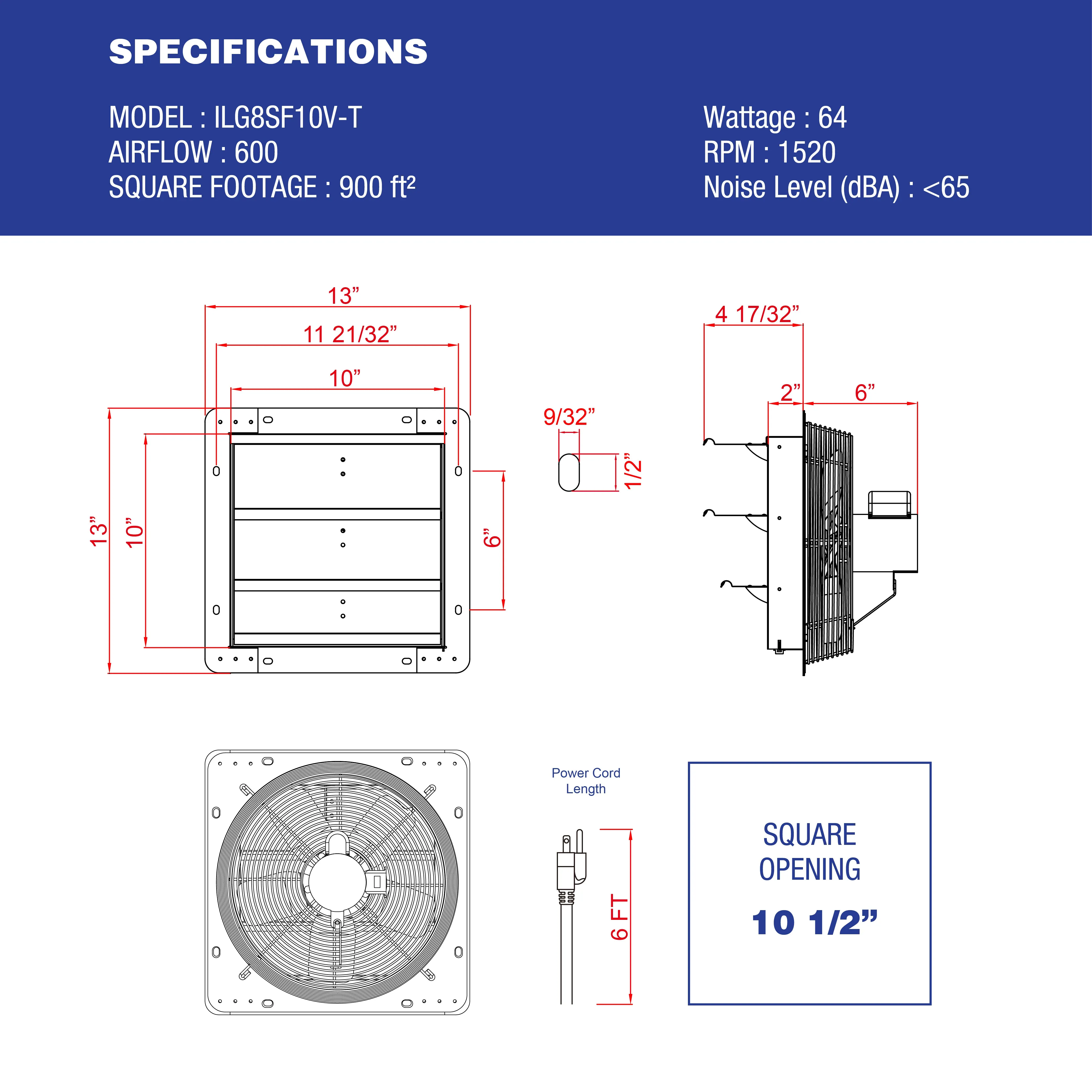 ILG8SF10V-T - iLiving 10 inch Shutter Exhaust Attic Garage Grow Fan, Ventilation fan with 3 Speed Thermostat 6 Foot Long 3 Plugs Cord