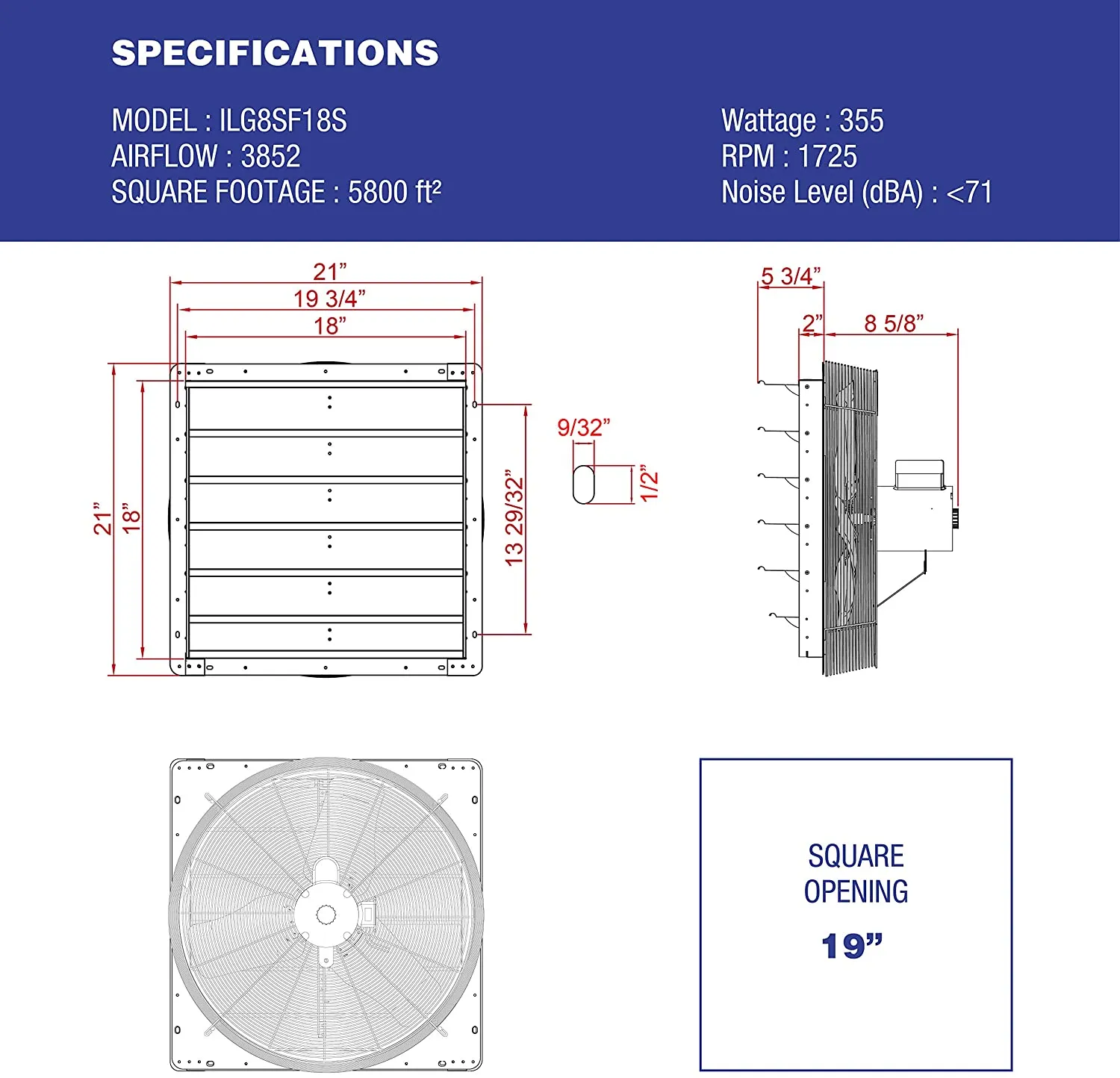 ILG8SF18S - iLIVING 18 Inch Single Speed Shutter Exhaust Fan, Wall-Mounted