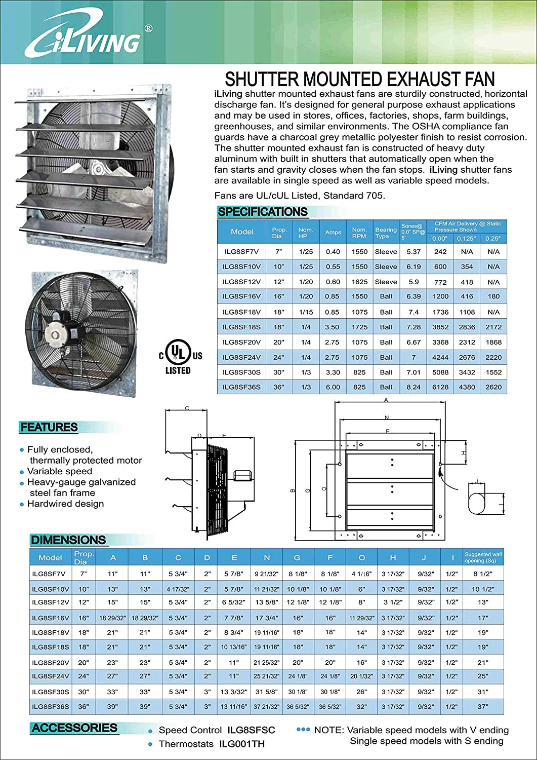 ILG8SF18S - iLIVING 18 Inch Single Speed Shutter Exhaust Fan, Wall-Mounted