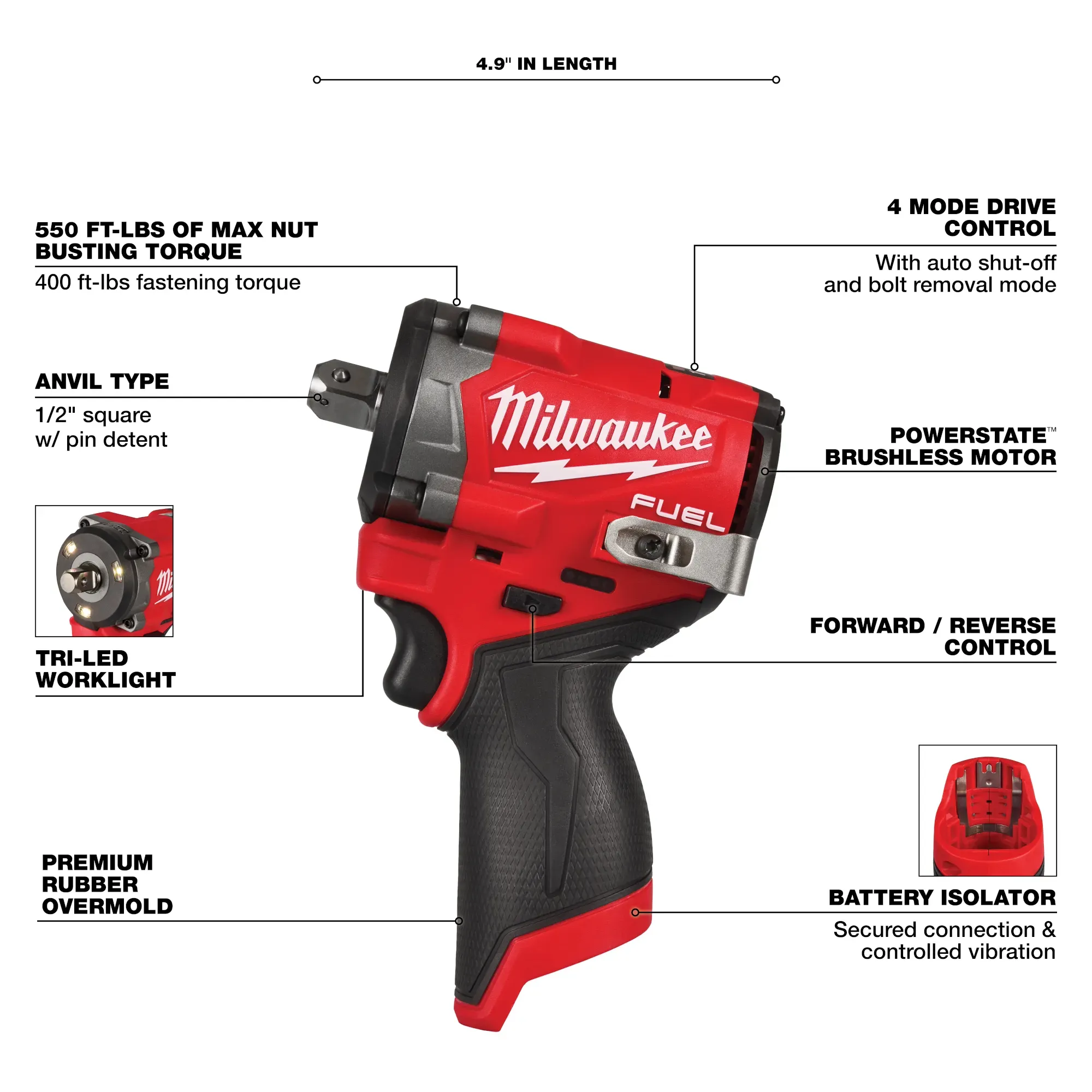 Impact Wrench - Milwaukee M12 FUEL™ Stubby 1/2" Impact Wrench w/ Pin Detent, 2563P-20