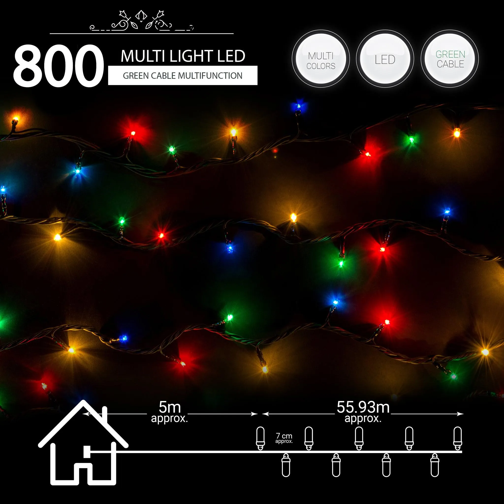 Indoor/Outdoor 8 Function LED Waterproof Fairy Lights with Green Cable (800 Lights - 60M Cable) - Multicoloured