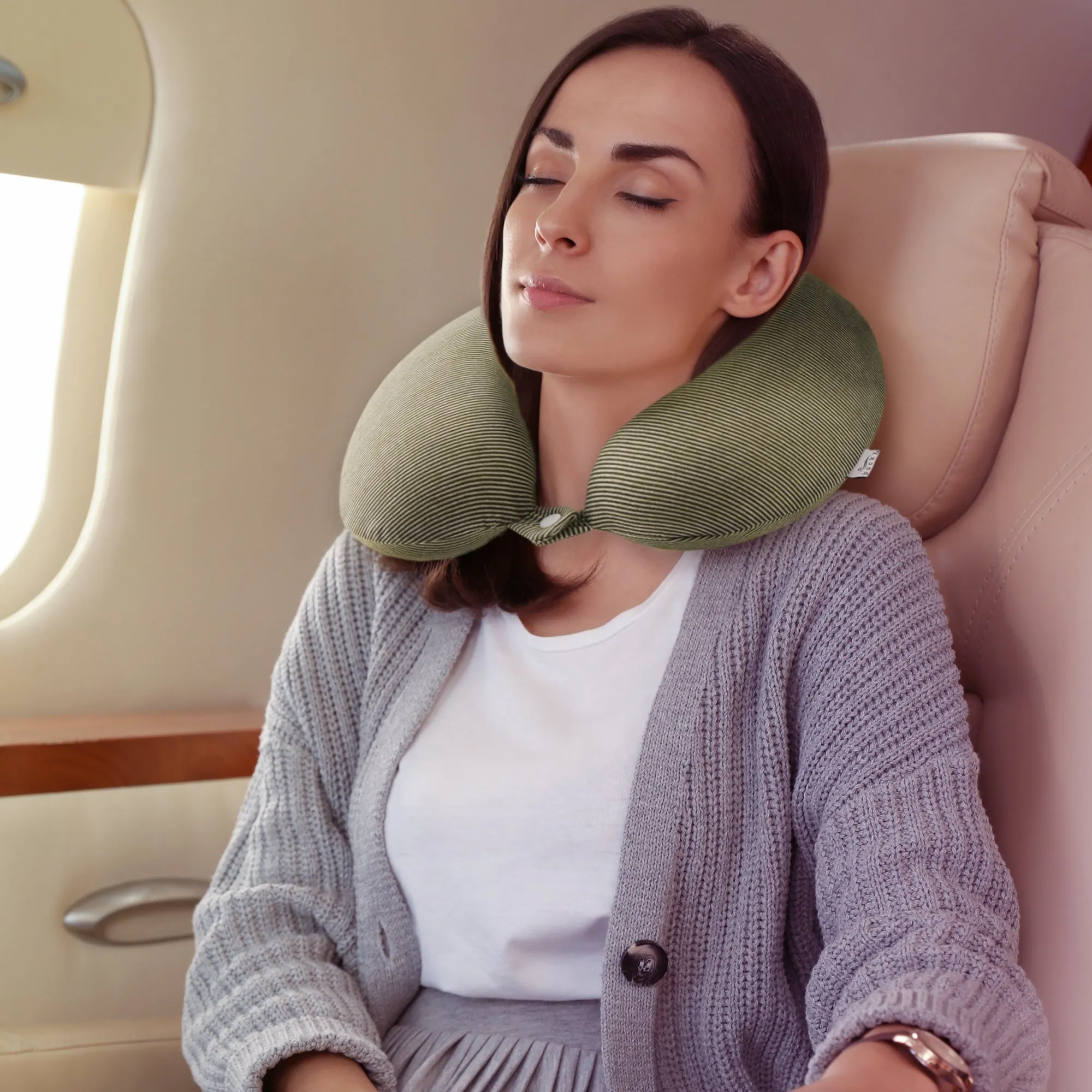 Jersey Stripe - Memory Foam Neck Pillow - Olive Stripe