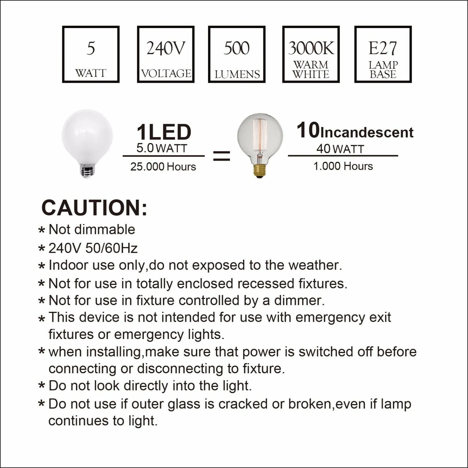 LED G80 Bulb Globe Shape Full Glass 5W E27 2700K Warm White