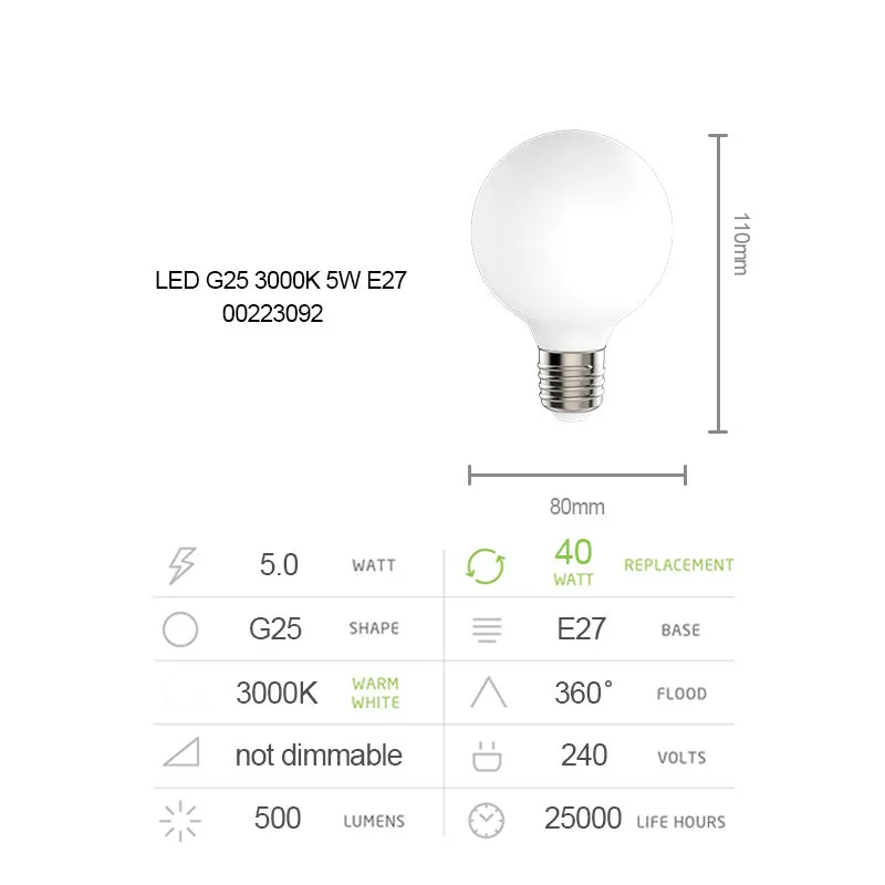 LED G80 Bulb Globe Shape Full Glass 5W E27 2700K Warm White