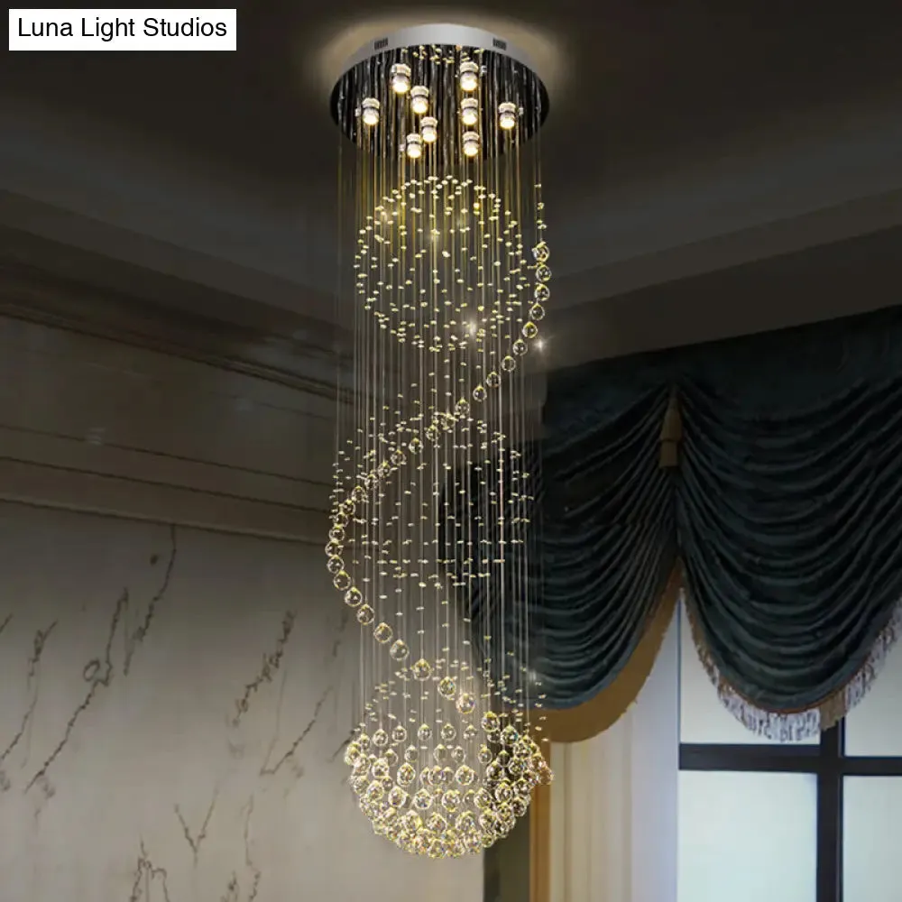 Modern Black Crystal Pendant with Clear Orbs and Rods - 9-Bulb LED Ceiling Fixture for Staircase