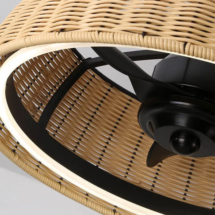 Modern Creative Rattan Weaving Round LED Downrods Ceiling Fan Light