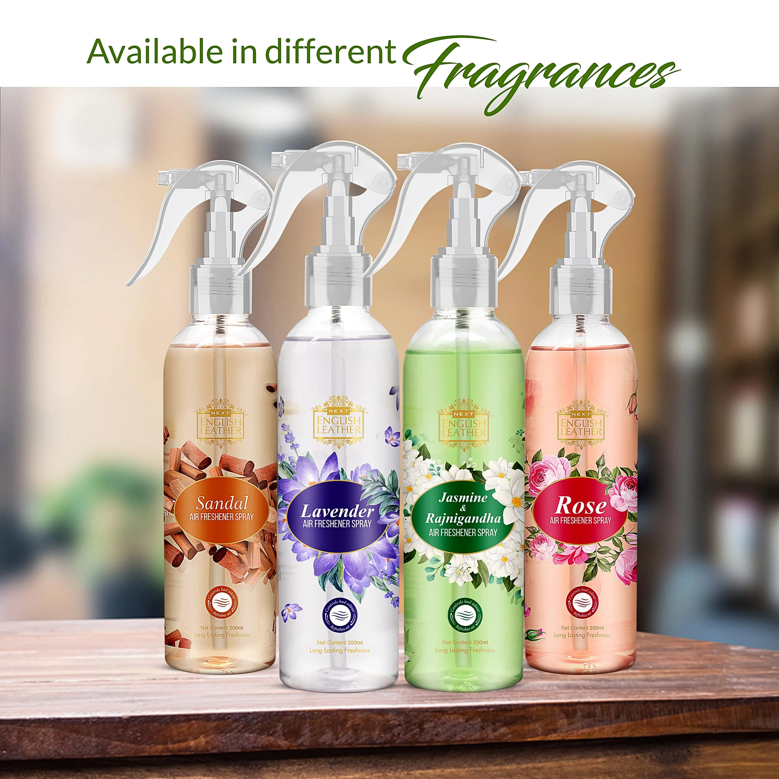 NEXT CARE English Leather Air Freshener Spray - 200ml | 100% Natural Organic Air Freshener Spray for Room, Home, Office & Car | Rose, Jasmine & Rajanigandha Room Fresheners Spray