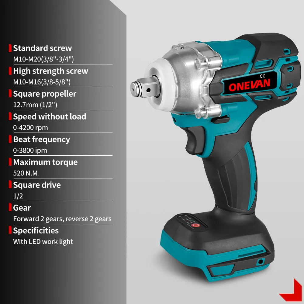 ONEVAN 1/2" 520N·m Cordless Impact Wrench | For Makita 18V Battery