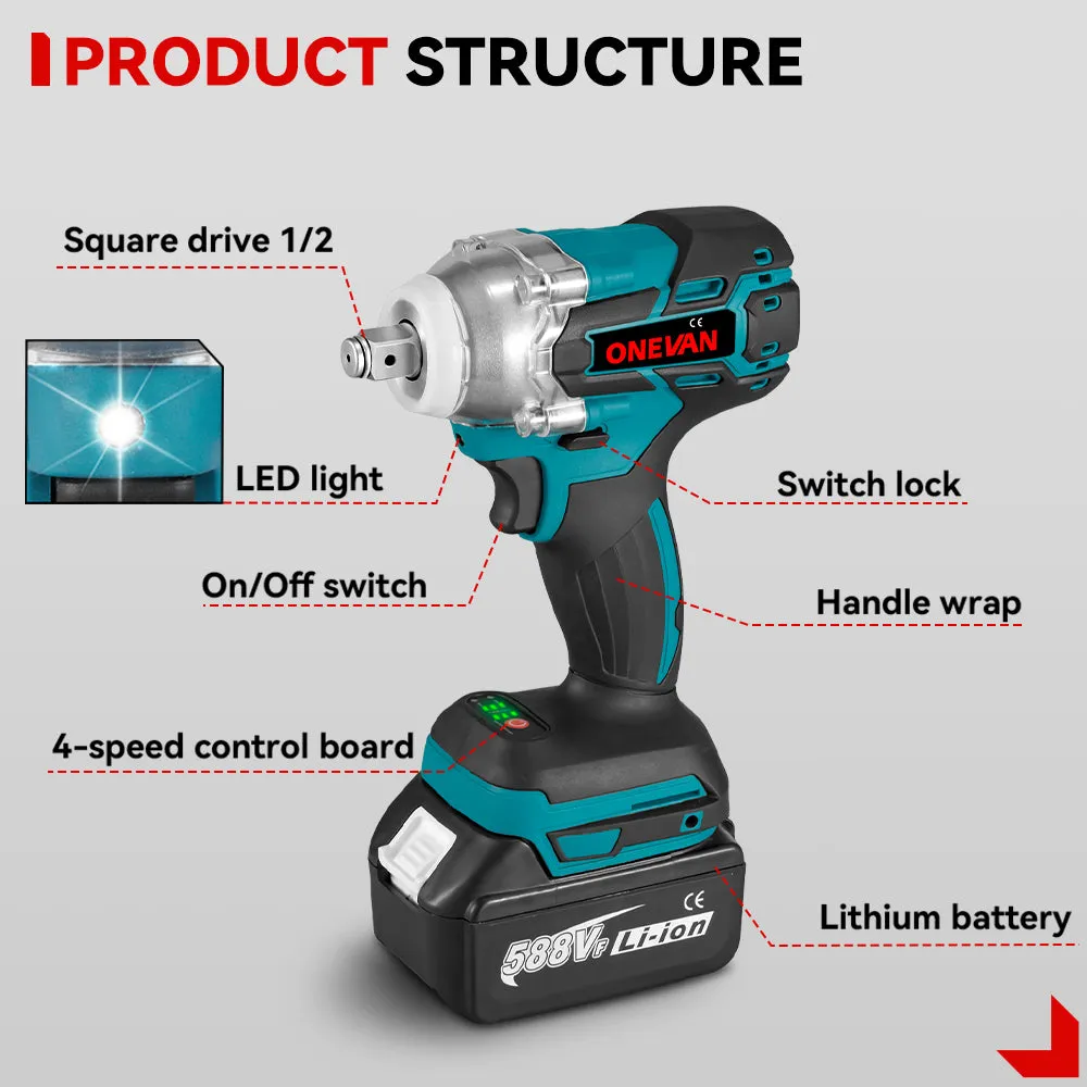 ONEVAN 1/2" 520N·m Cordless Impact Wrench | For Makita 18V Battery