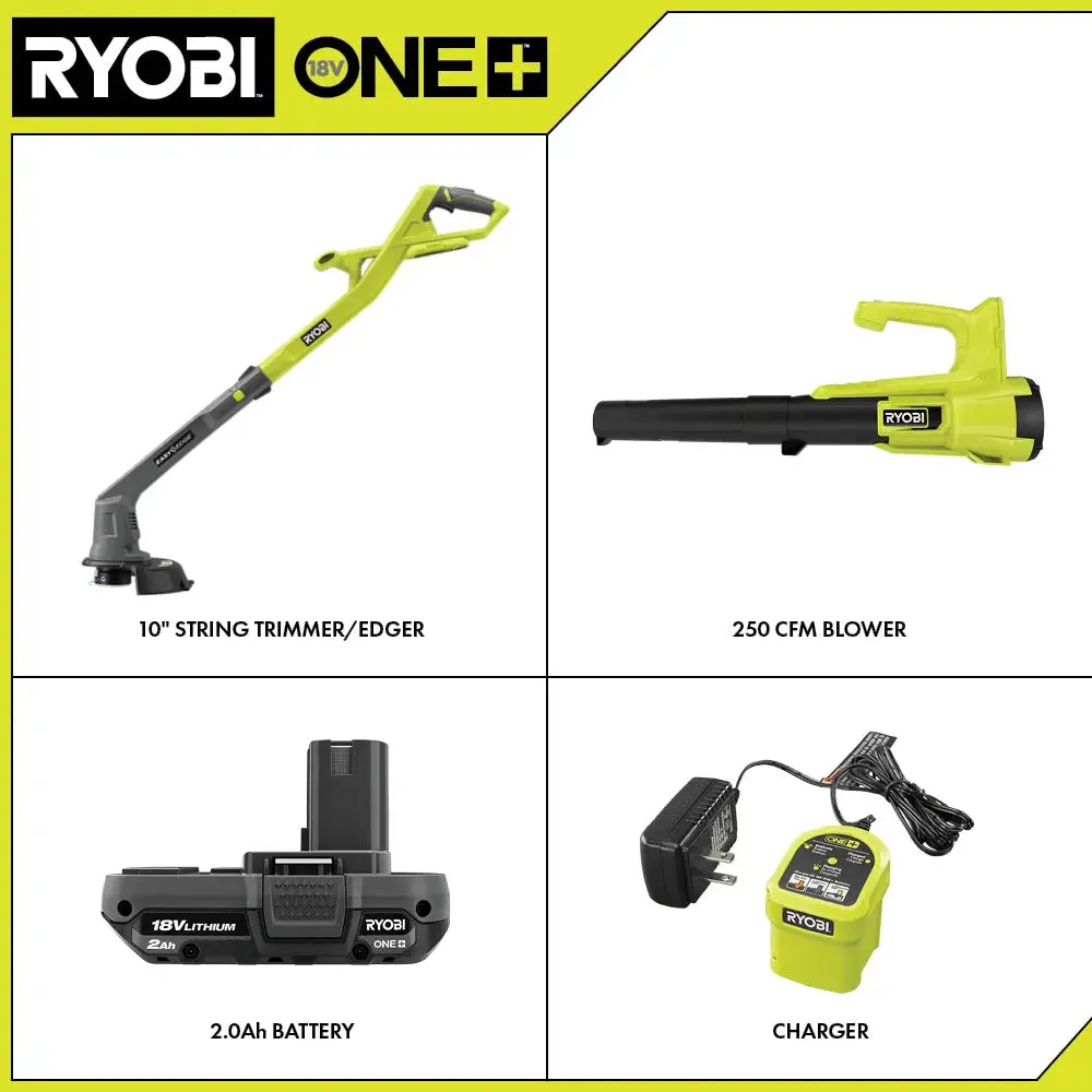 Open Box -  RYOBI 1  18-Volt Cordless Electric String Trimmer/Edger and Blower Combo Kit (2-Tools) with 2.0 Ah Battery and Charger