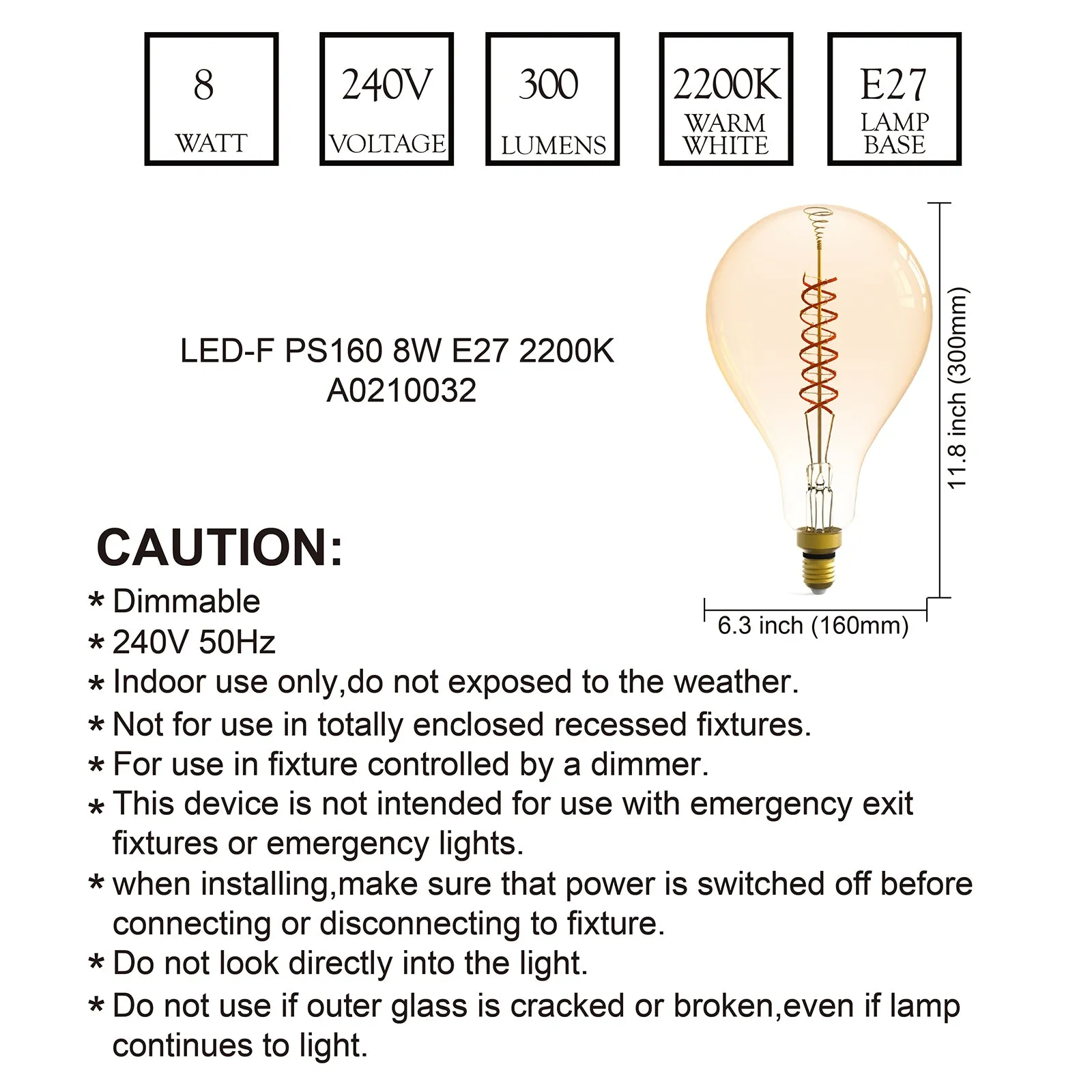 PS160/PS52 Dimmable LED Decorative Oversized Edison Bulbs 8W 300LM 2200K Warm White (40W Equivalent) Amber Glass CRI90