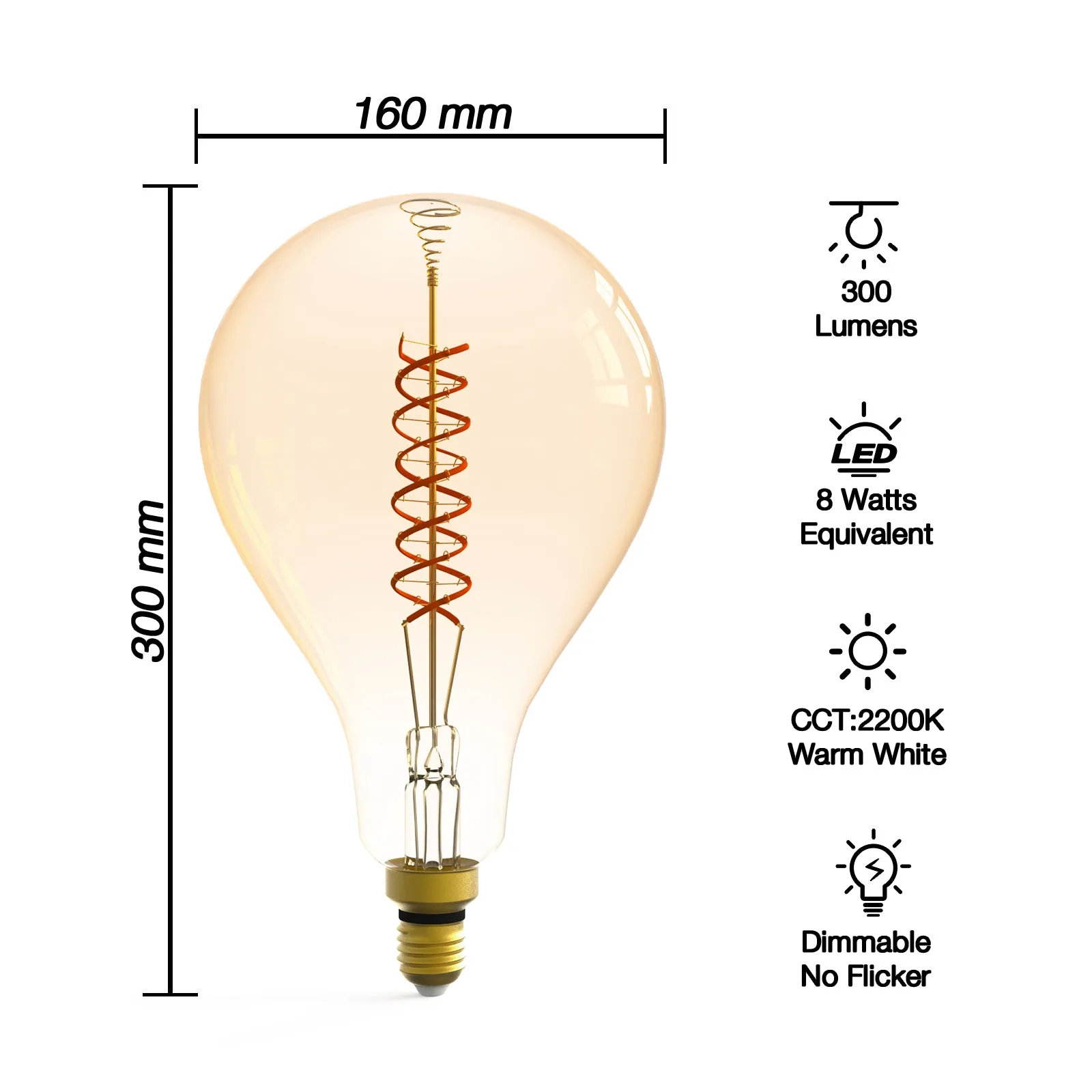 PS160/PS52 Dimmable LED Decorative Oversized Edison Bulbs 8W 300LM 2200K Warm White (40W Equivalent) Amber Glass CRI90