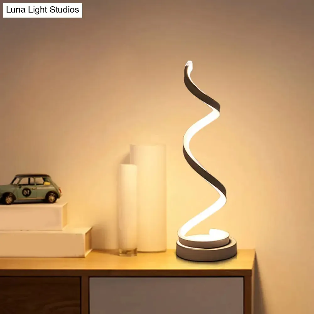 Sleek Spiral Ribbon Metal Table Lamp: Simplicity Black/White/Gold LED Task Lighting with Circle Pedestal in Warm/White Light