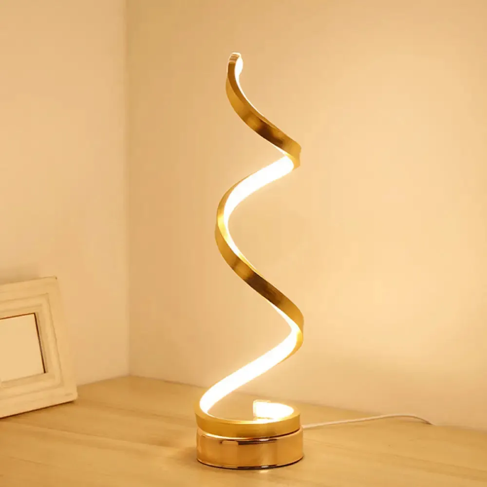 Sleek Spiral Ribbon Metal Table Lamp: Simplicity Black/White/Gold LED Task Lighting with Circle Pedestal in Warm/White Light